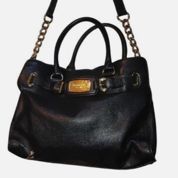 Michael Kors Satchel Hamilton Black Leather Handbag Gold Chain Strap Logo Plate - Picture 6 of 14